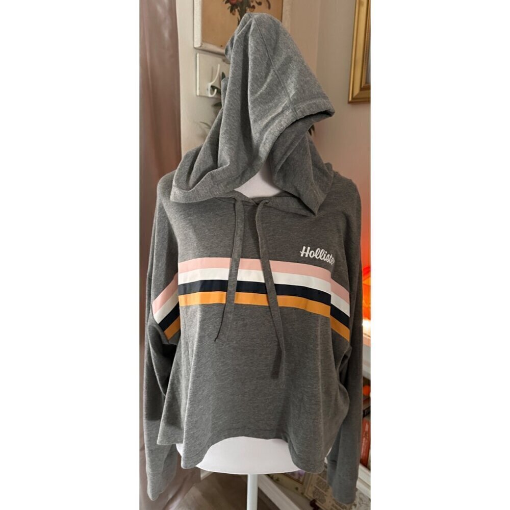 Hollister Gray Striped Hooded Crop Boyfriend Tee T-shirt Size L